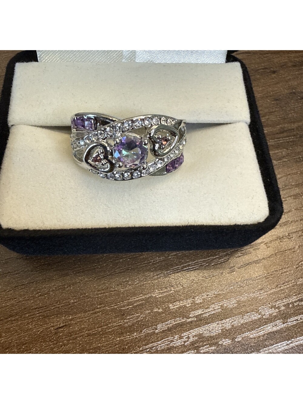 Purple And White Stainless Steel Ring Silvery Tone Heart Statement Piece Size 10